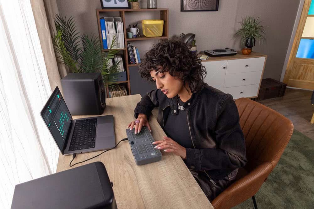 Commercial portrait working at a table